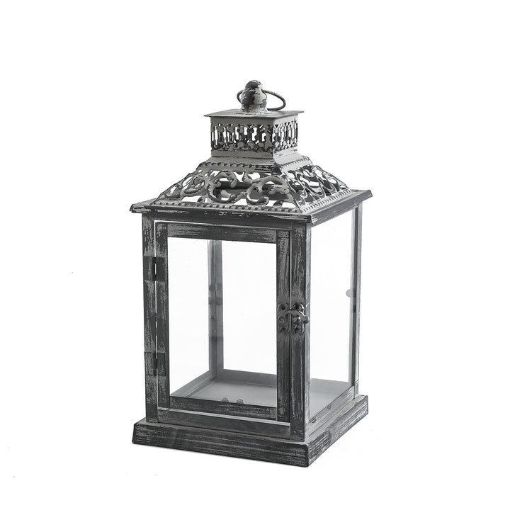 Ornate Distressed Wooden and Metal Glass-Paneled Decorative Lantern Kalsten