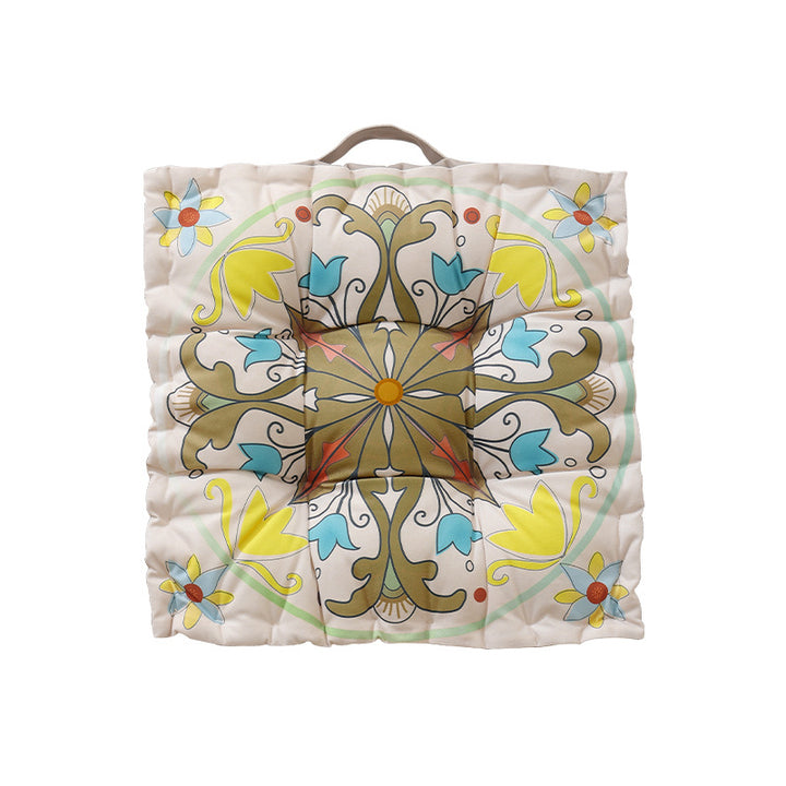 Round seat cushion with mandala print, thickly padded floor seating mat and carrying handle Kalsten