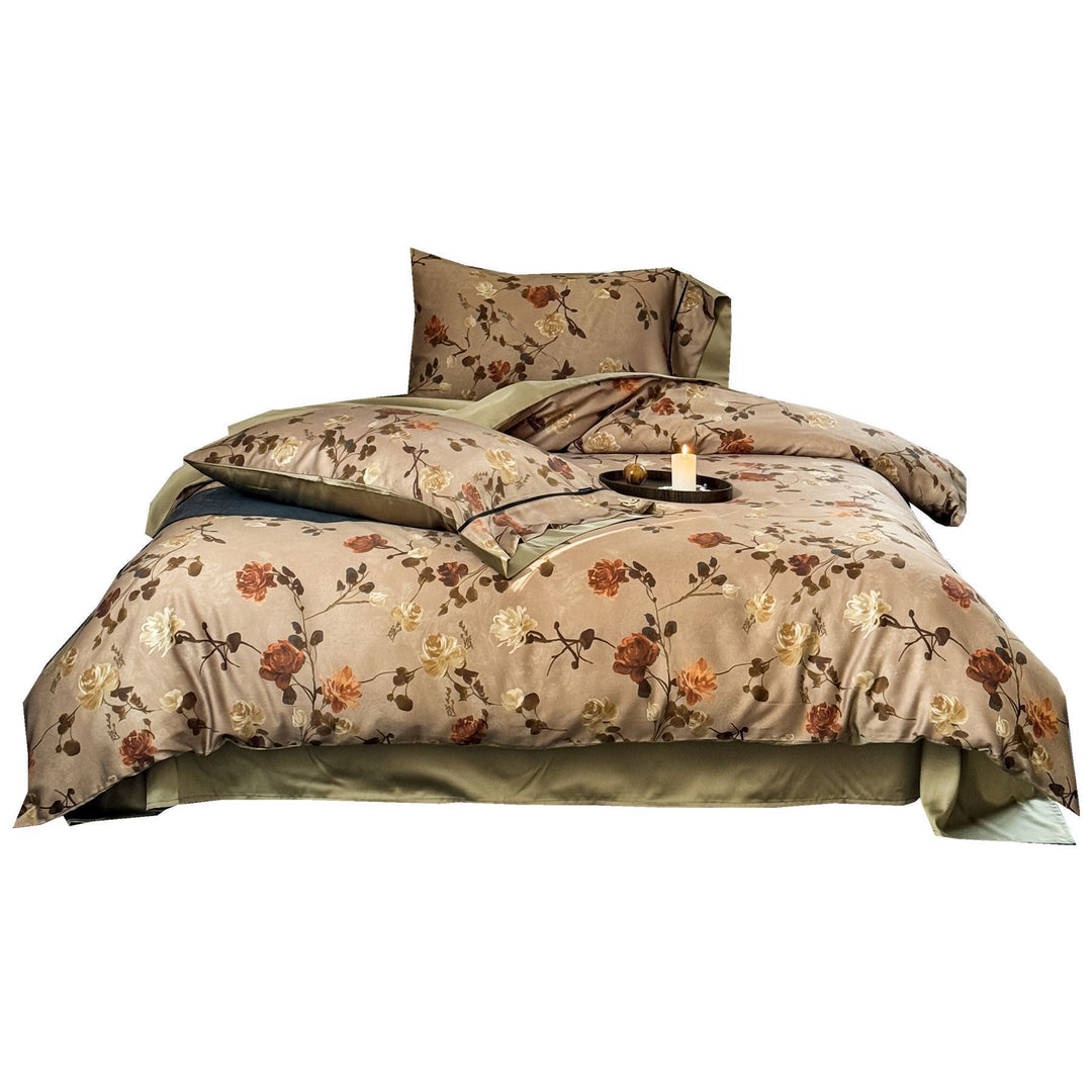 Designer bedding set in toile style with ruffle and silky matte cotton satin