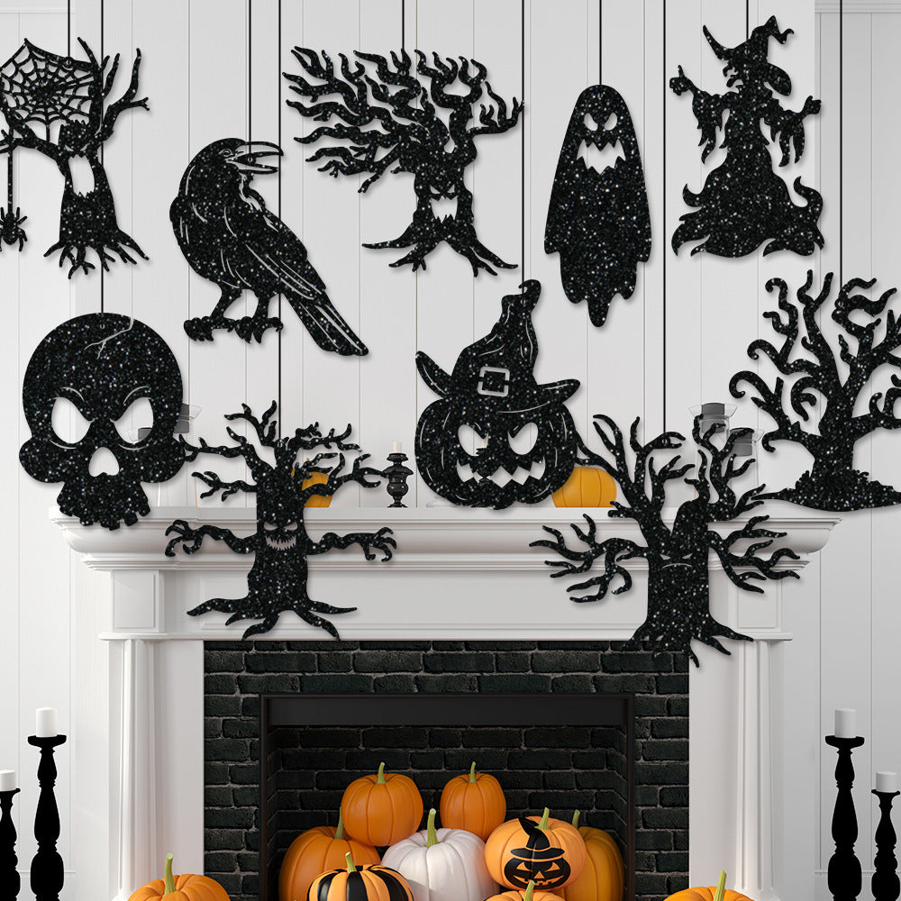 Multi-Part Hanging Halloween Decoration Set with Glitter Silhouettes