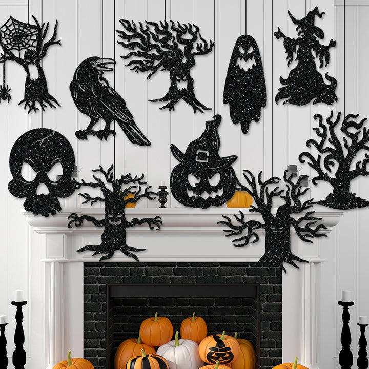 Multi-Part Hanging Halloween Decoration Set with Glitter Silhouettes