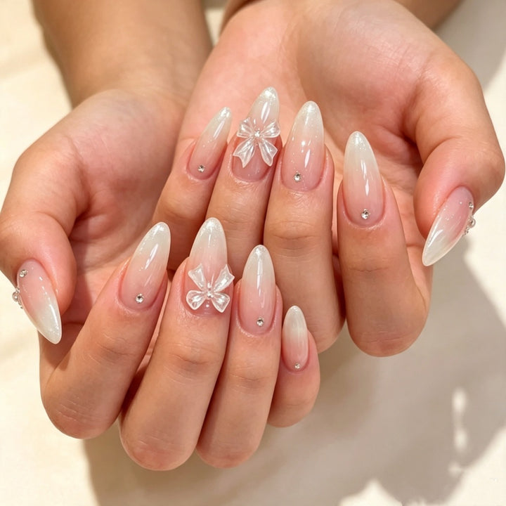 Elegant Press-On Nail Set with Decorative Bow and Gem Accents Kalsten