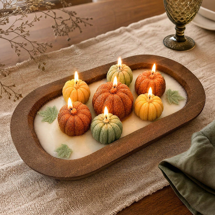 Hand-Poured Mini Pumpkin Sculptural Soy Candle Centerpiece with Wooden Tray