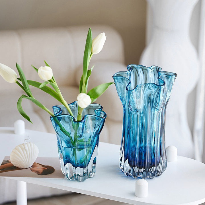 Handblown Ribbed Petal-Rim Decorative Glass Centerpiece Vase Kalsten