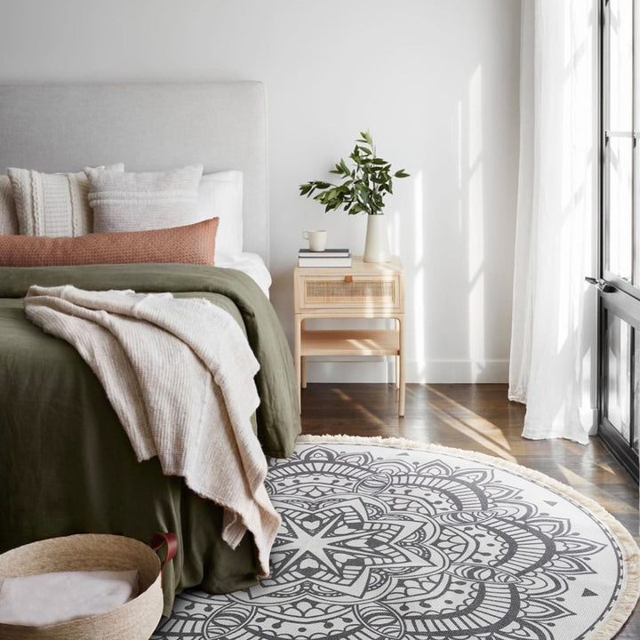 Beef Boho Cotton Rug with Mandala Print and Fringe Edge