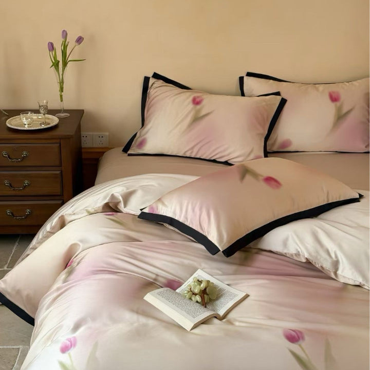 Luxurious satin bedding set with tulip pattern and contrast piping