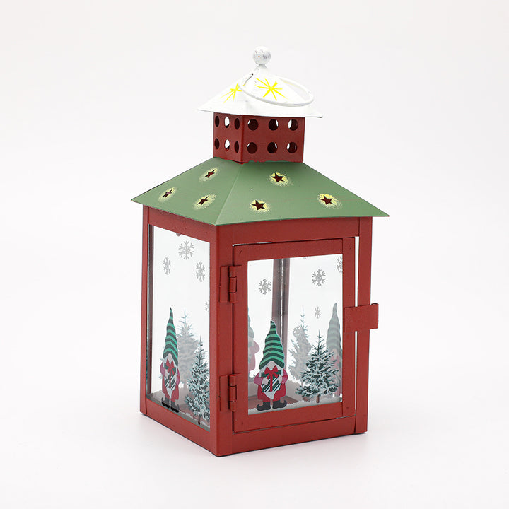 Decorative Holiday Tea Light Lantern with Glass Pane Gnome & Pine Motif Kalsten