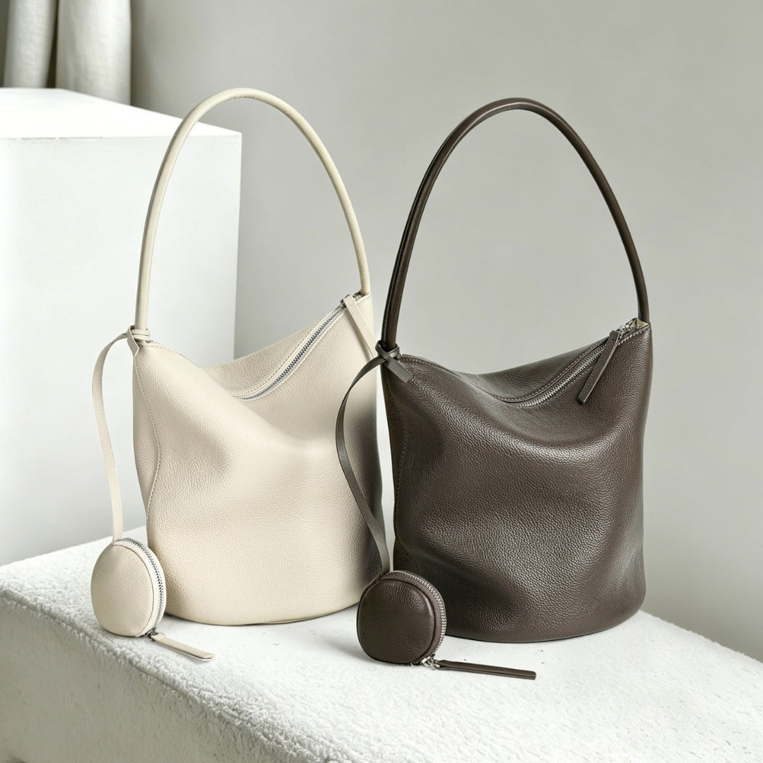 Slouchy Pebbled Bucket Hobo Bag with Curved Top Zip and Hanging Coin Pouch