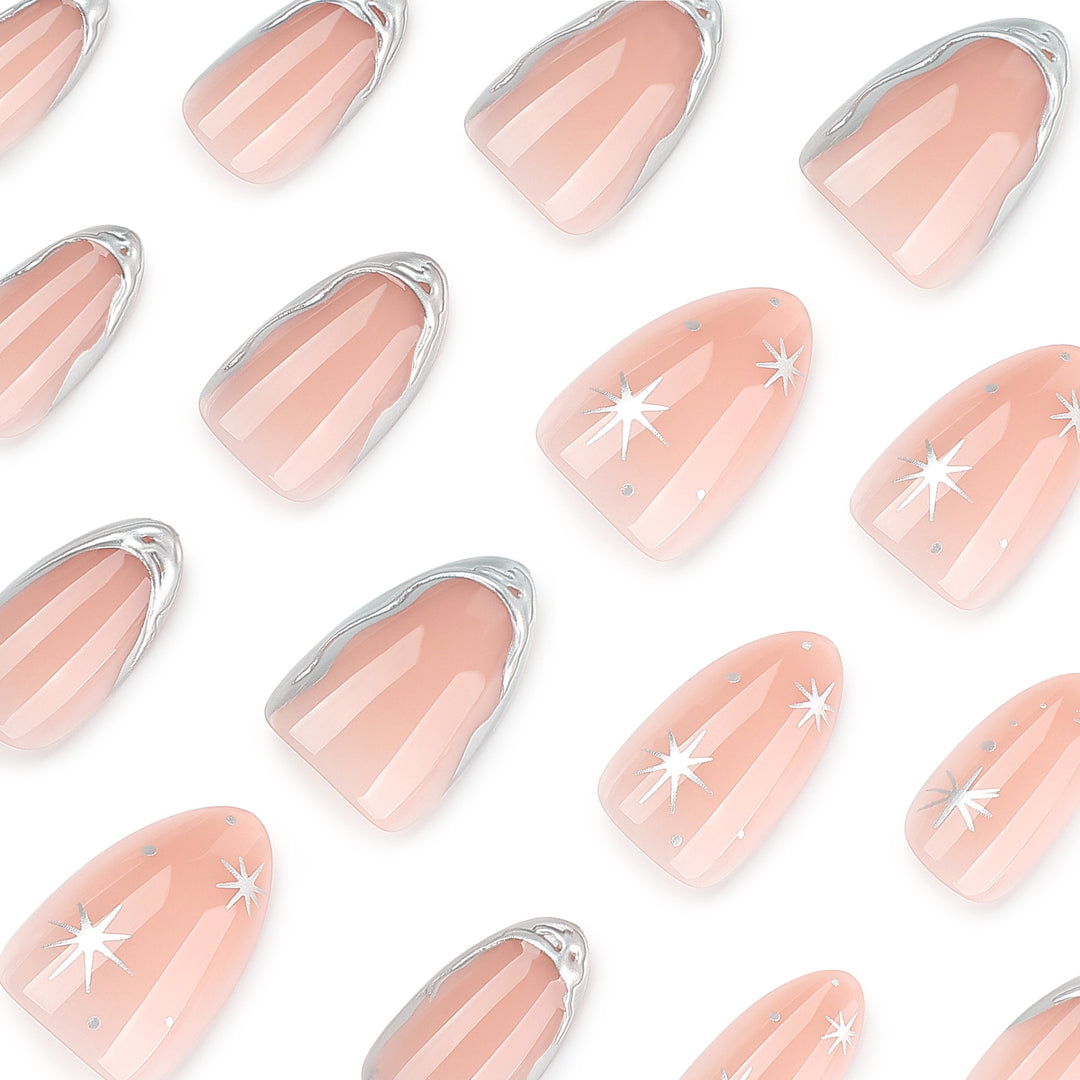 Shiny stiletto nails with elegant silver embellishment Kalsten