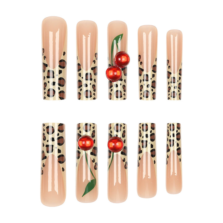 Animal Print Stiletto Press-On Nails with Cherry Design Kalsten
