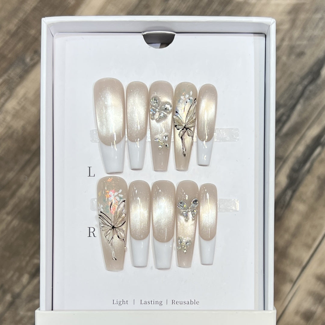 Elegant Press-On Nail Art Set with Butterfly and Jewel Accents Kalsten