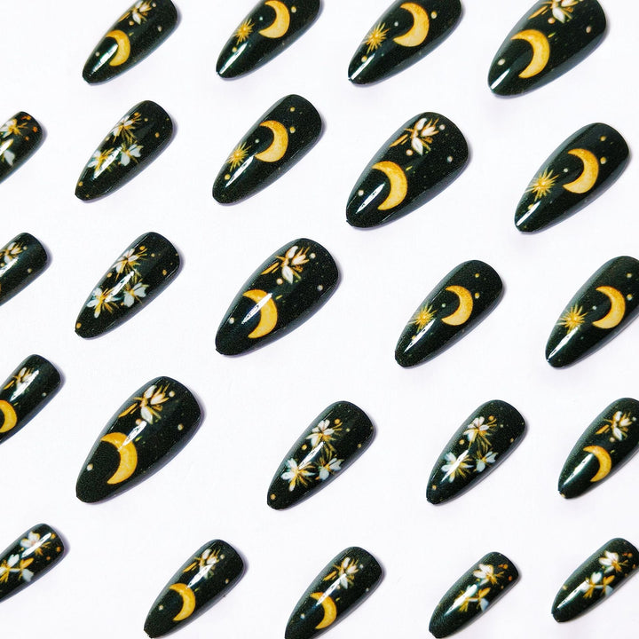Glamorous artificial nails with moon and flower motifs Kalsten