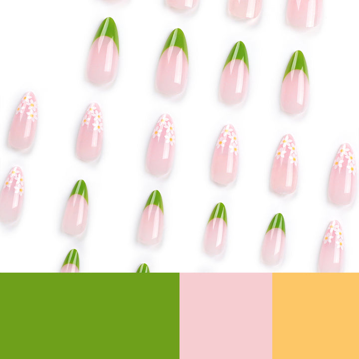 Artificial nails with floral accents and green French tip Kalsten