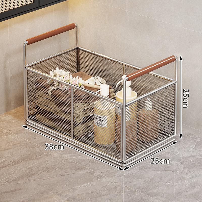 Mesh Metal Storage Organizer Basket with Wooden Grip Handles