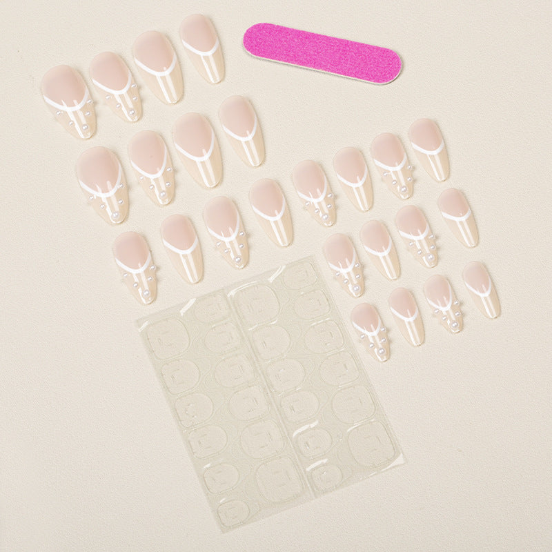 Elegant Pearl-Embellished Press-On Nail Design