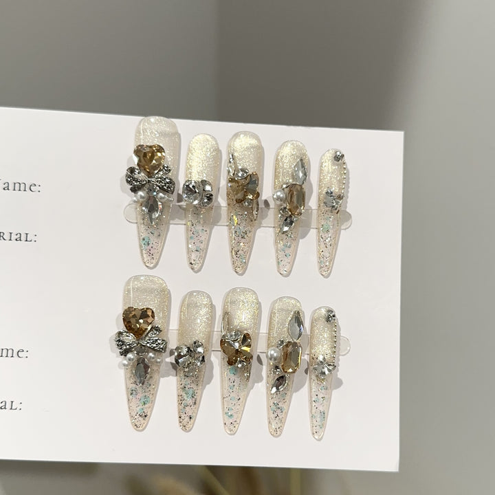 Elegant Stiletto Press-On Nail Set with Gemstone Accents
