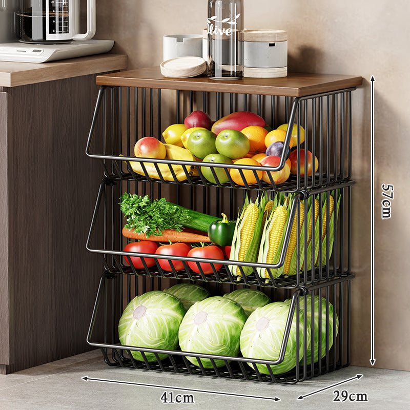 Slim Vertical Rolling Wire Produce and Pantry Organizer Cart with Wood Top