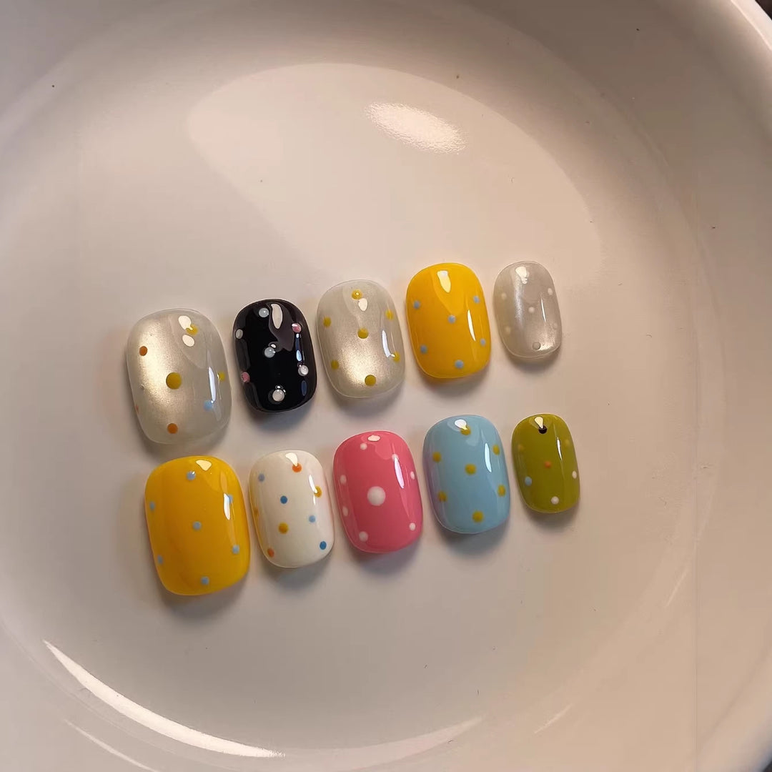 Artistic Press-On Nail Set with Colorful Dot Patterns