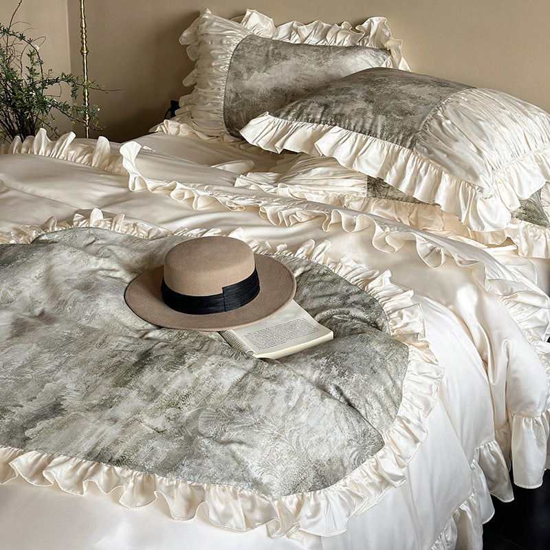Luxurious Ruffle Bedding Set with Velvet Heart Appliqué