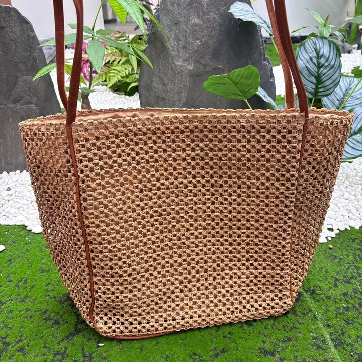 Woven Cotton Handbag with Leather Handles Kalsten