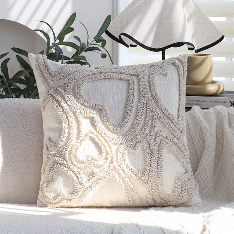 Square cushion cover with three-dimensional looped heart relief made of soft bouclé mix Kalsten