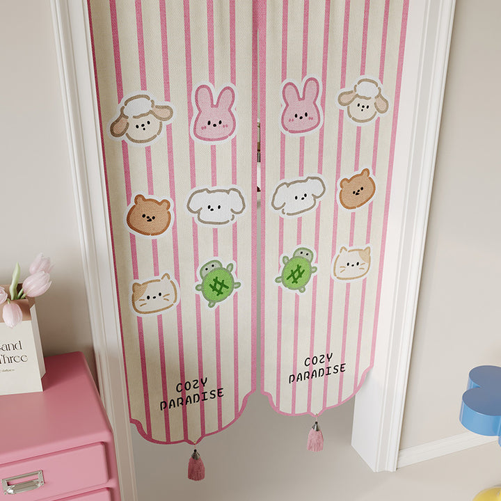 Kids Decorative Split Doorway Noren Curtain with Tassels and Cartoon Floral Lion Print