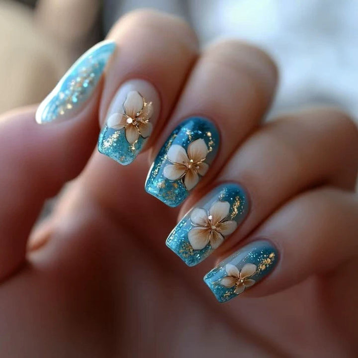 Artificial nail tips with floral accents and glitter Kalsten