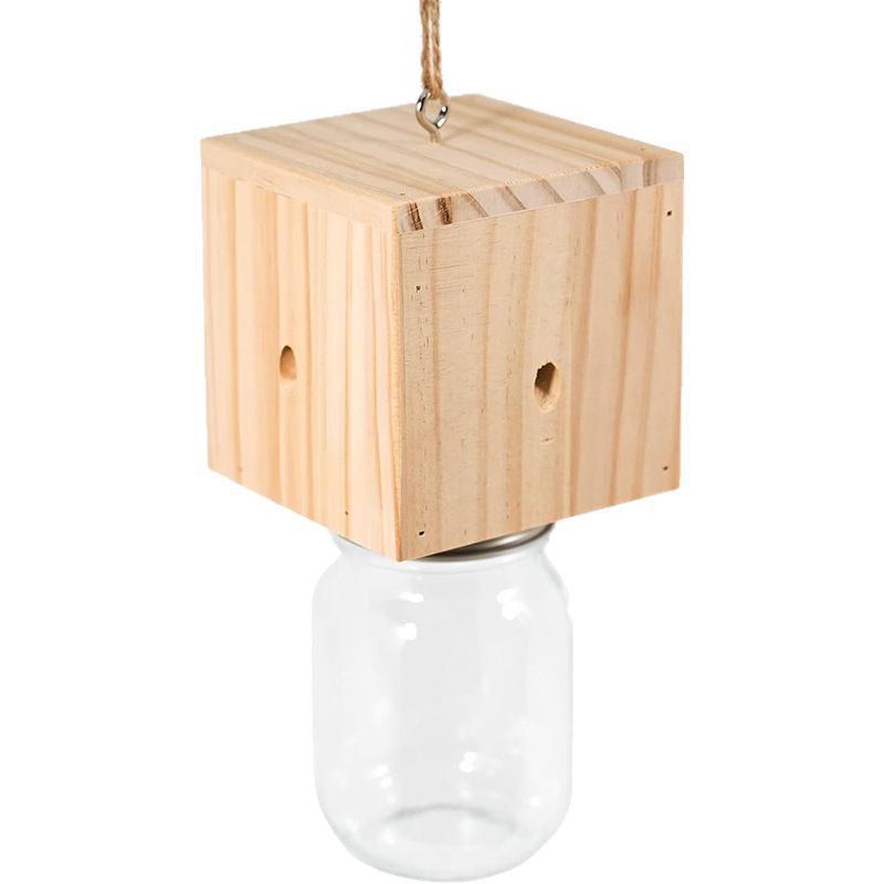 Hanging wooden bird feeder with glass jar seed reservoir and natural jute hanger Kalsten