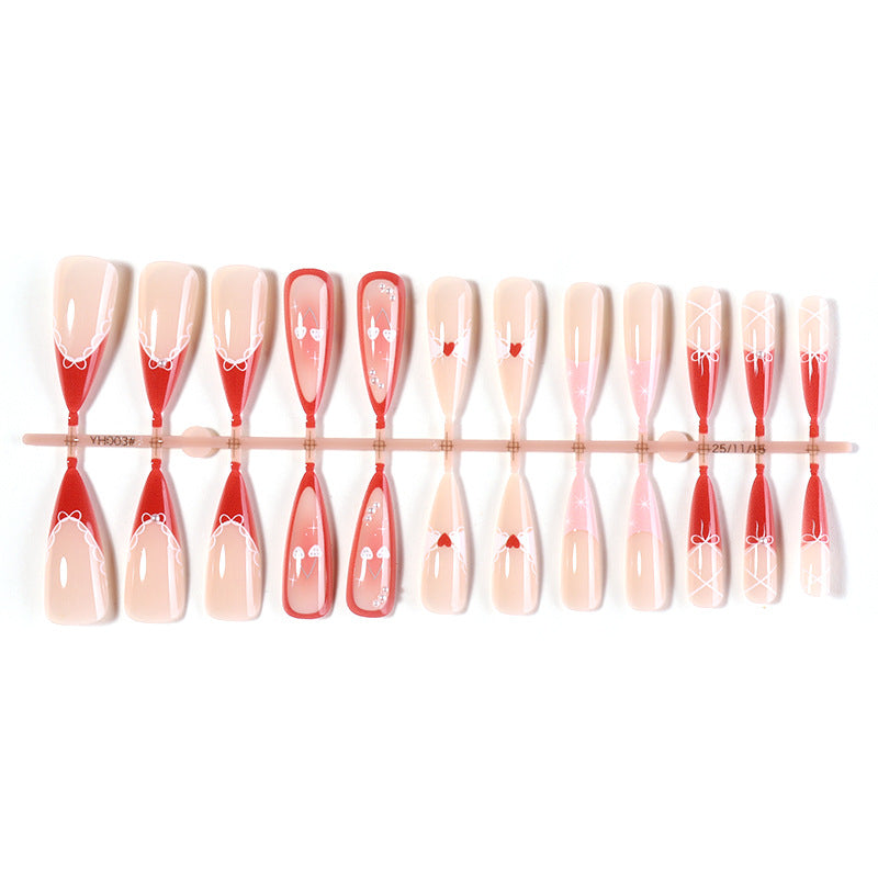 Decorative Press-On Nail Set with Heart and Ribbon Designs kalsten