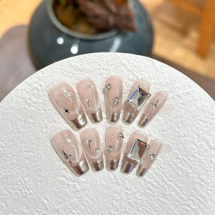 Glamorous Press-On Nail Set with Rhinestone Accents