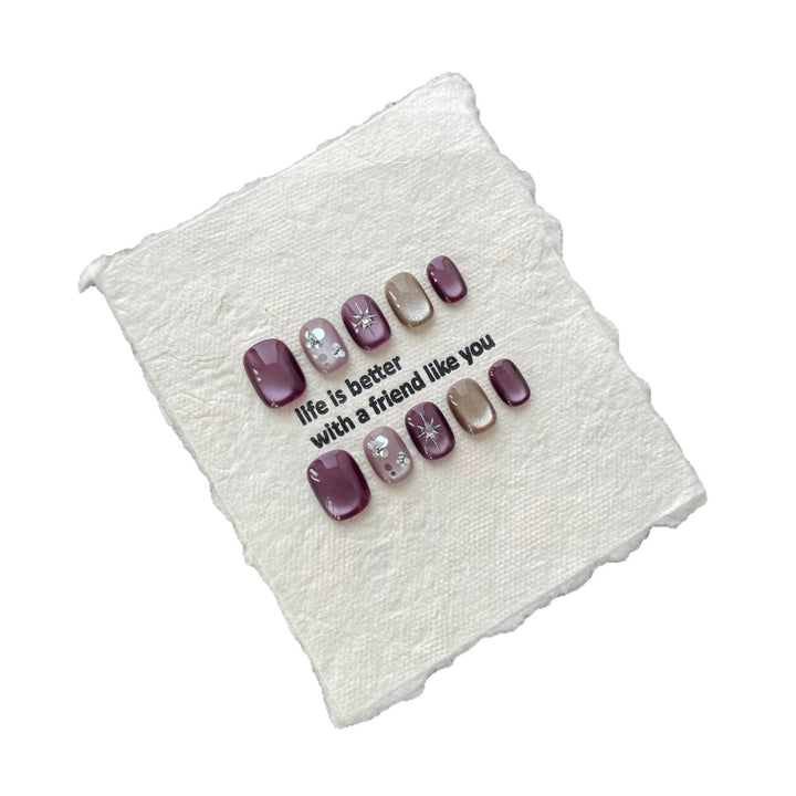 Artistic Press-On Nail Art Set with Decorative Gem Accents