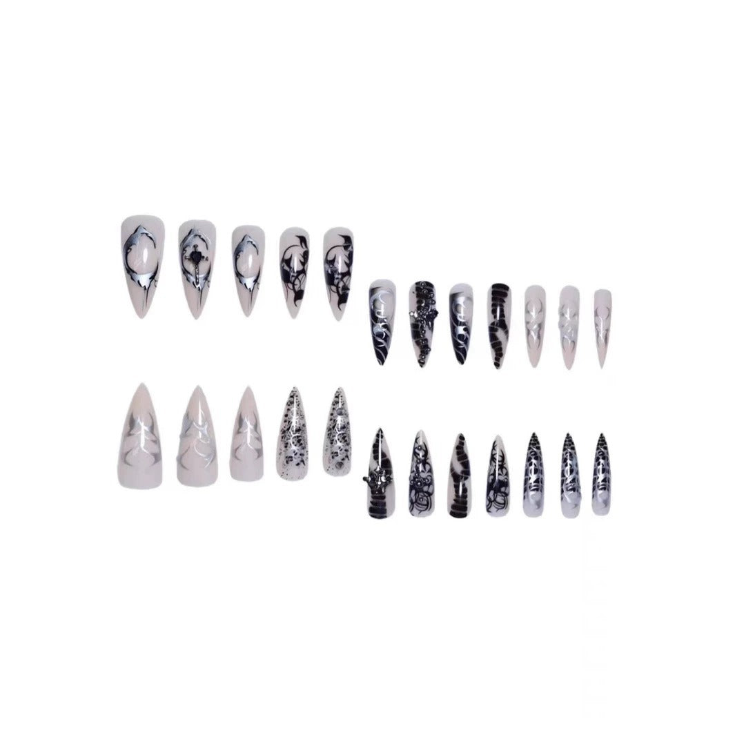 Artistic Stiletto Nail Extensions with Black Detailing Kalsten