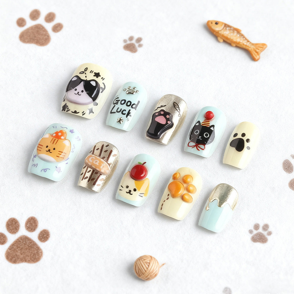 Whimsical Cat-Themed Press-On Nail Art Kalsten