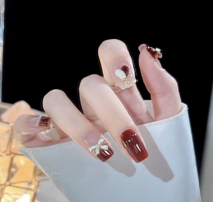 Elegant Press-On Nail Art Set with Decorative Floral and Bow Accents Kalsten