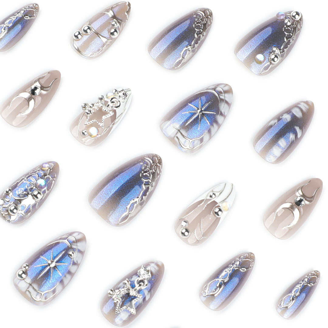 Artful Nail Extensions with Shiny Metal Accents Kalsten