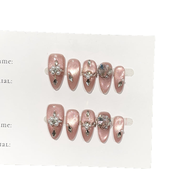 Glamorous Press-On Nail Art Set with Pearl and Stone Accents