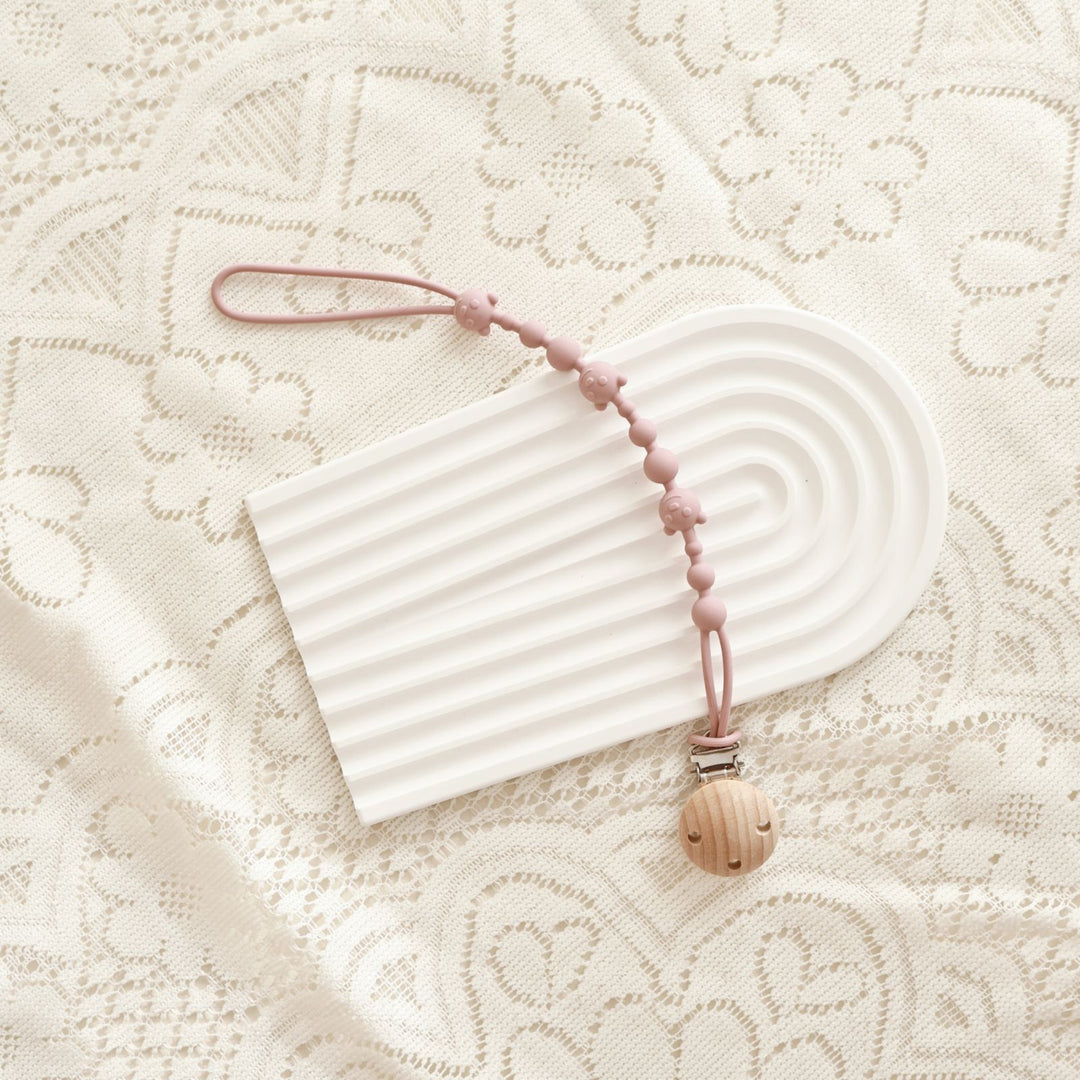 Silicone Beaded Pacifier and Teether Clip with Wooden Safety Clip