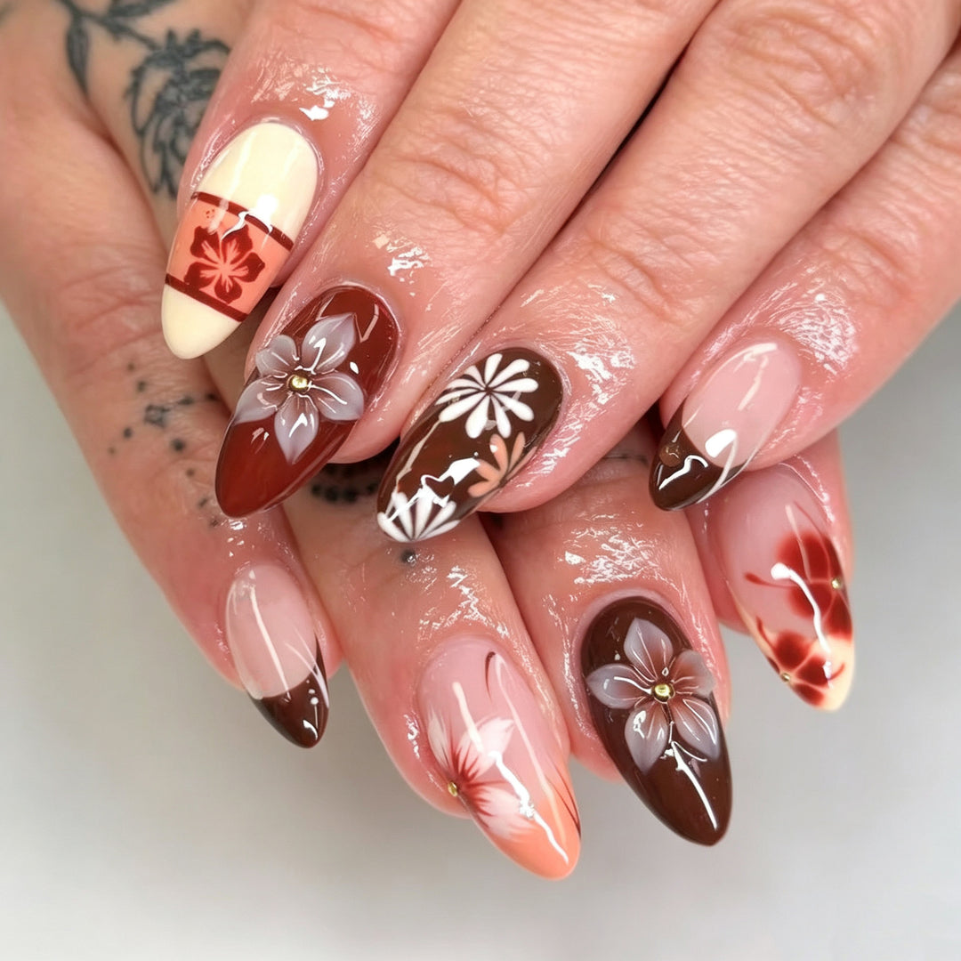 Floral Autumn-Themed Press-On Nail Art Set