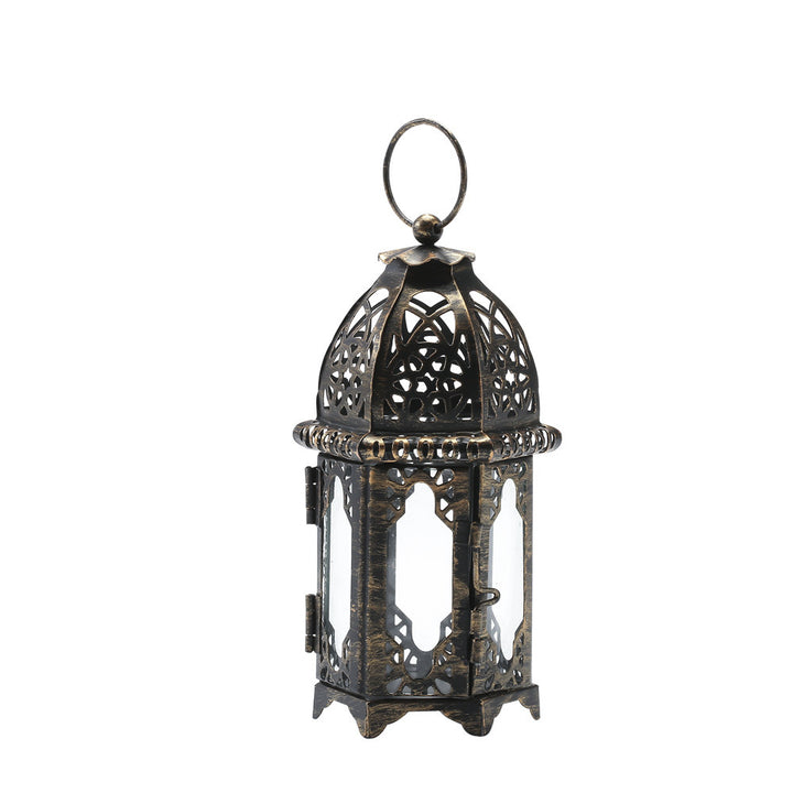 Decorative Moroccan Filigree Metal Lantern with Glass Panels and Hanging Ring Kalsten