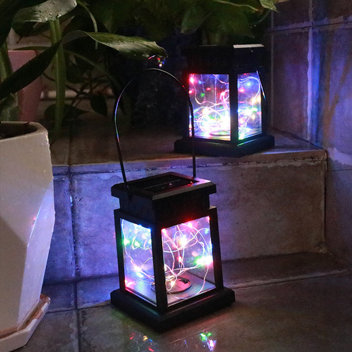 Outdoor Hanging LED Faux-Candle Glass-Pane Solar Lantern Kalsten