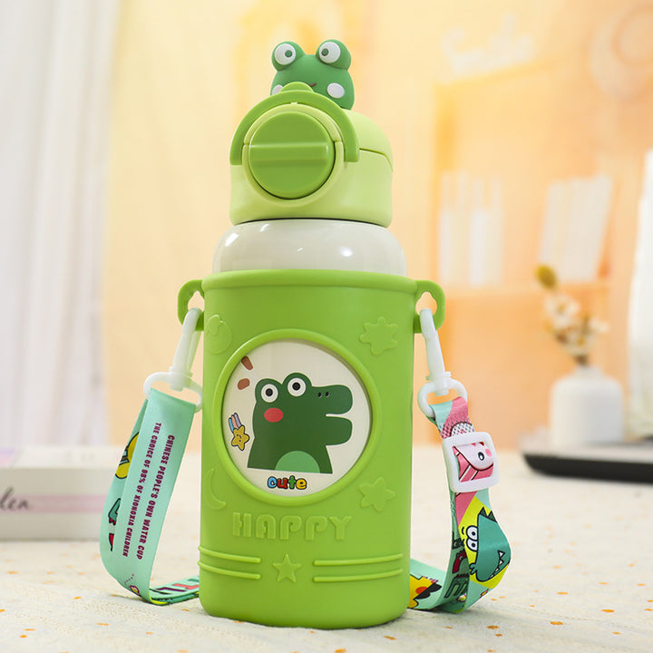 Women's Insulated Drinking Bottle with Cheerful Frog Design and Practical Carry Strap Kalsten