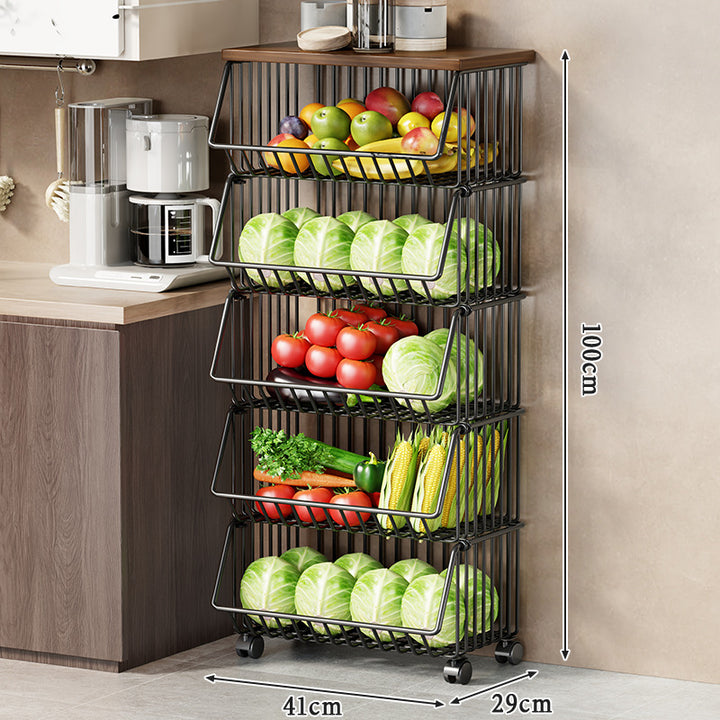 Multi-Tier Rolling Kitchen Pantry Cart with Wood Top and Deep Wire Storage Baskets