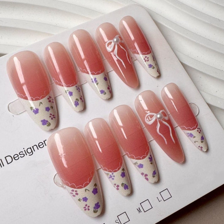 Elegant Press-On Nail Set with Floral and Bow Design Kalsten