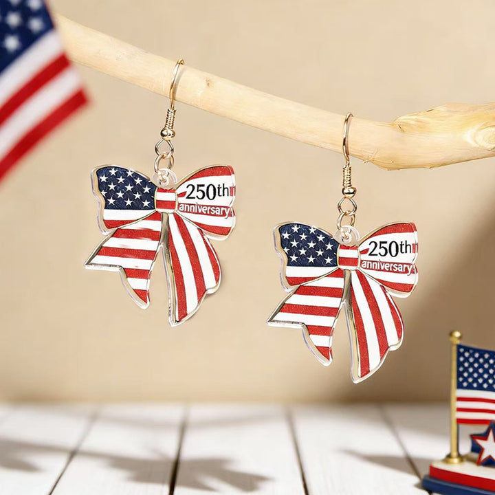 Women's nan patriotic bow dangle acrylic earrings with gold plated hooks and lightweight charm Kalsten