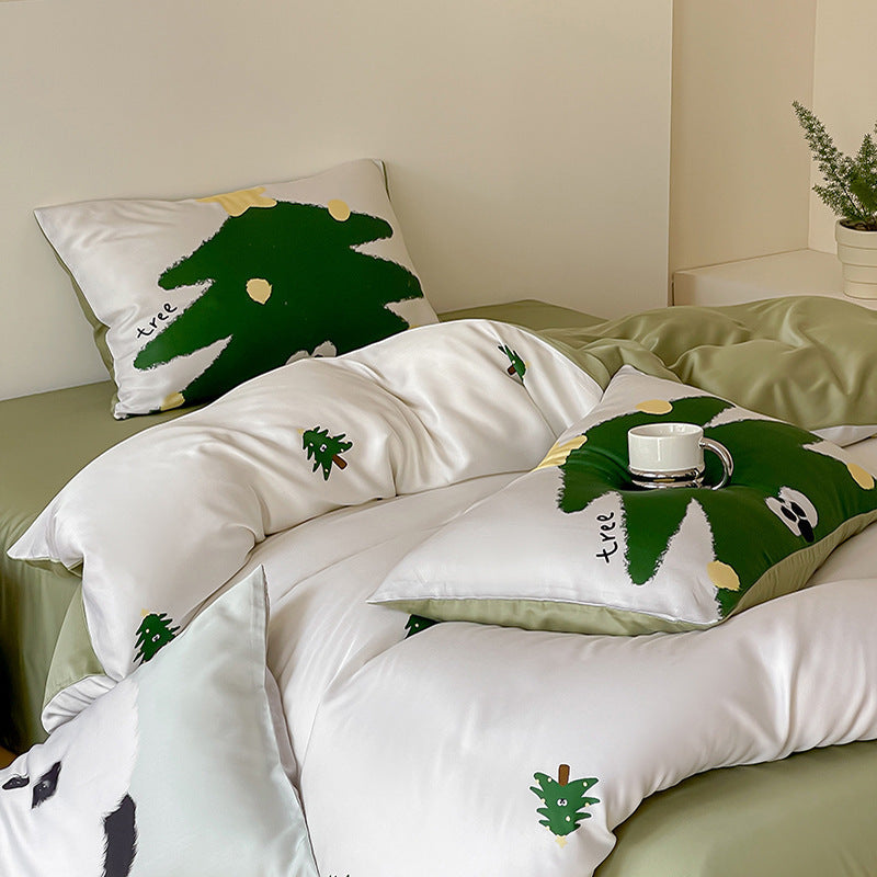 Reversible cotton satin bedding set with minimalist panda faces