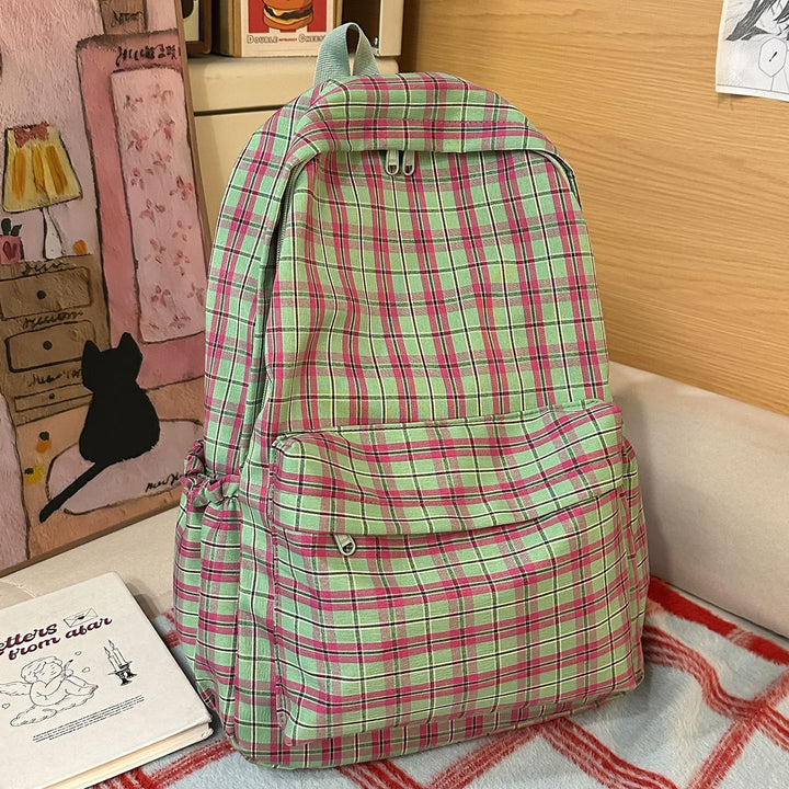 Backpack with Practical Check Pattern and Cute Plush Pendant Kalsten
