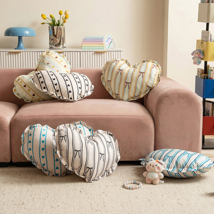 Heart-shaped cotton decorative cushion with gathered edge and heart stripe motif Kalsten