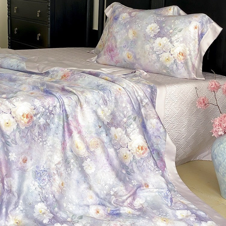 Satin bedding set with floral watercolor print and silky shiny finish