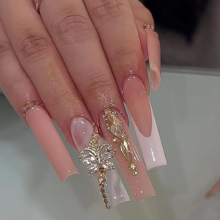Elegant Long Press-On Nail Set with Decorative Gem and Floral Accents Kalsten