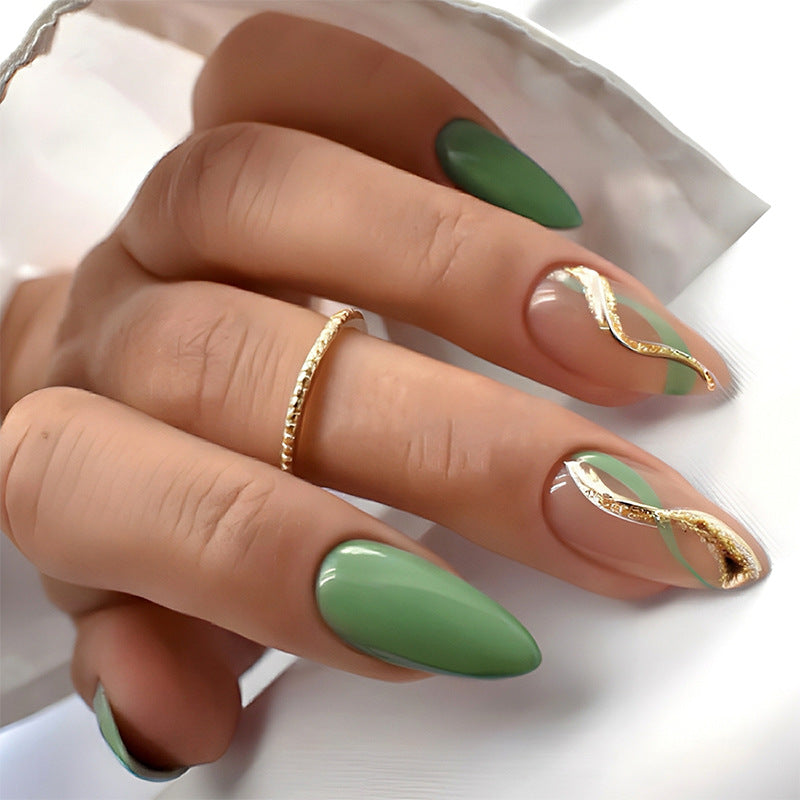 Artistic Press-On Nail Set with Eye-Catching Green Patterns kalsten